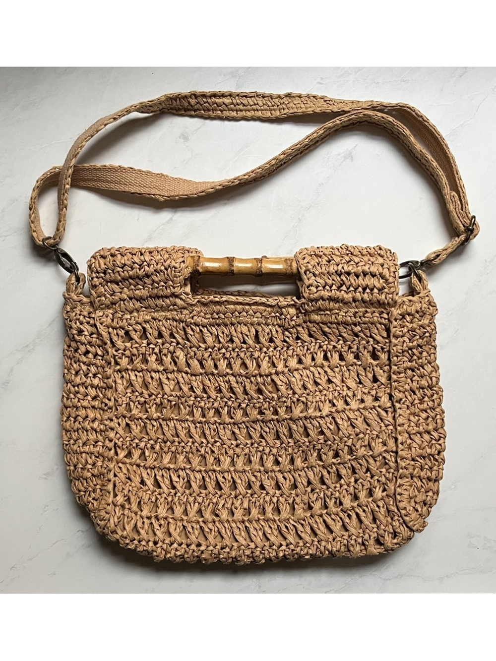Free People • Woven Straw Tan Shoulder Crossbody Bag with Bamboo Handle